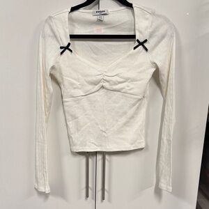 RSQ Ivory Long Sleeve Top with Black Ribbon Details